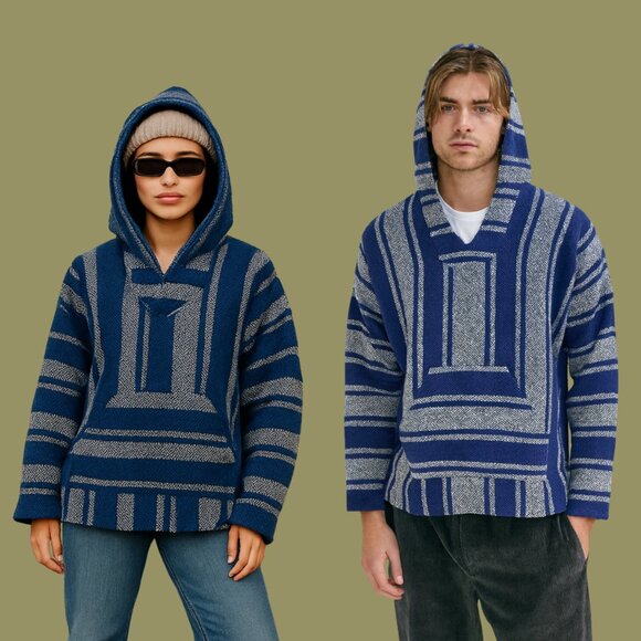 Vintage Mexican Baja Hoodie Blue & Gray Striped Unisex Sweater Poncho (Size XL) - Picture 2 of 7